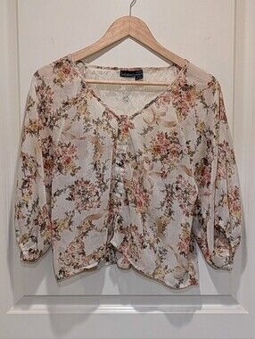 EUC Y2K Seduction M Vintage Sheer Floral Crop Blouse with Lace Back Panel